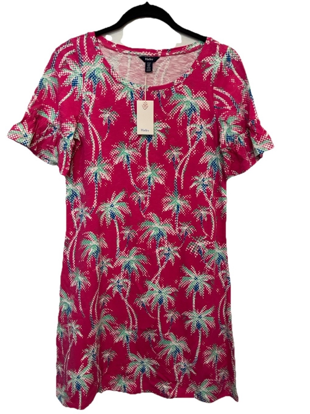 Hatley Pink Tropical Palm-Print Midi Ruffle Sleeve Dress NWT